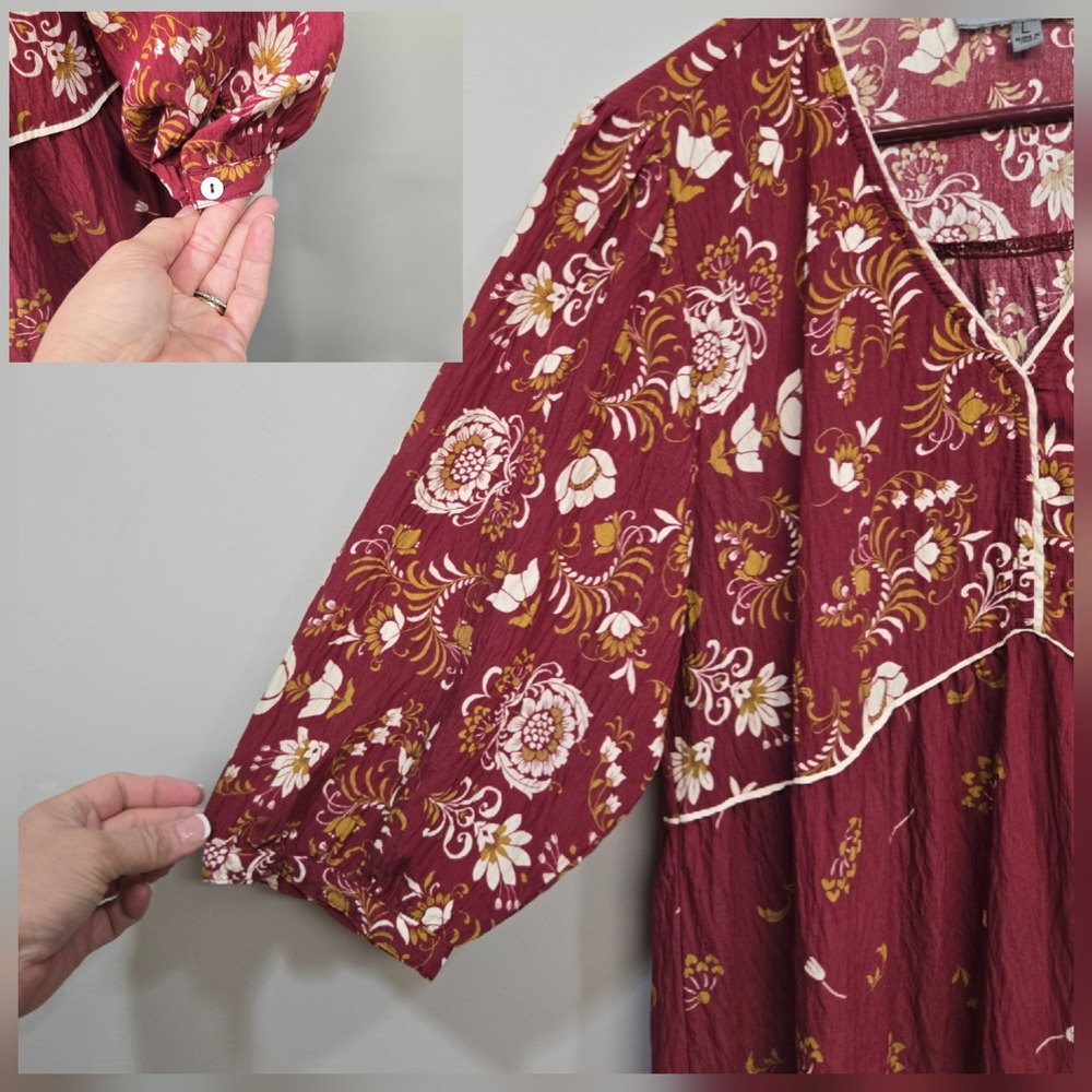 Figueroa & Flower Midi Dress Large Burgundy Floral Boho Peasant Cottage Romantic - Picture 6 of 9
